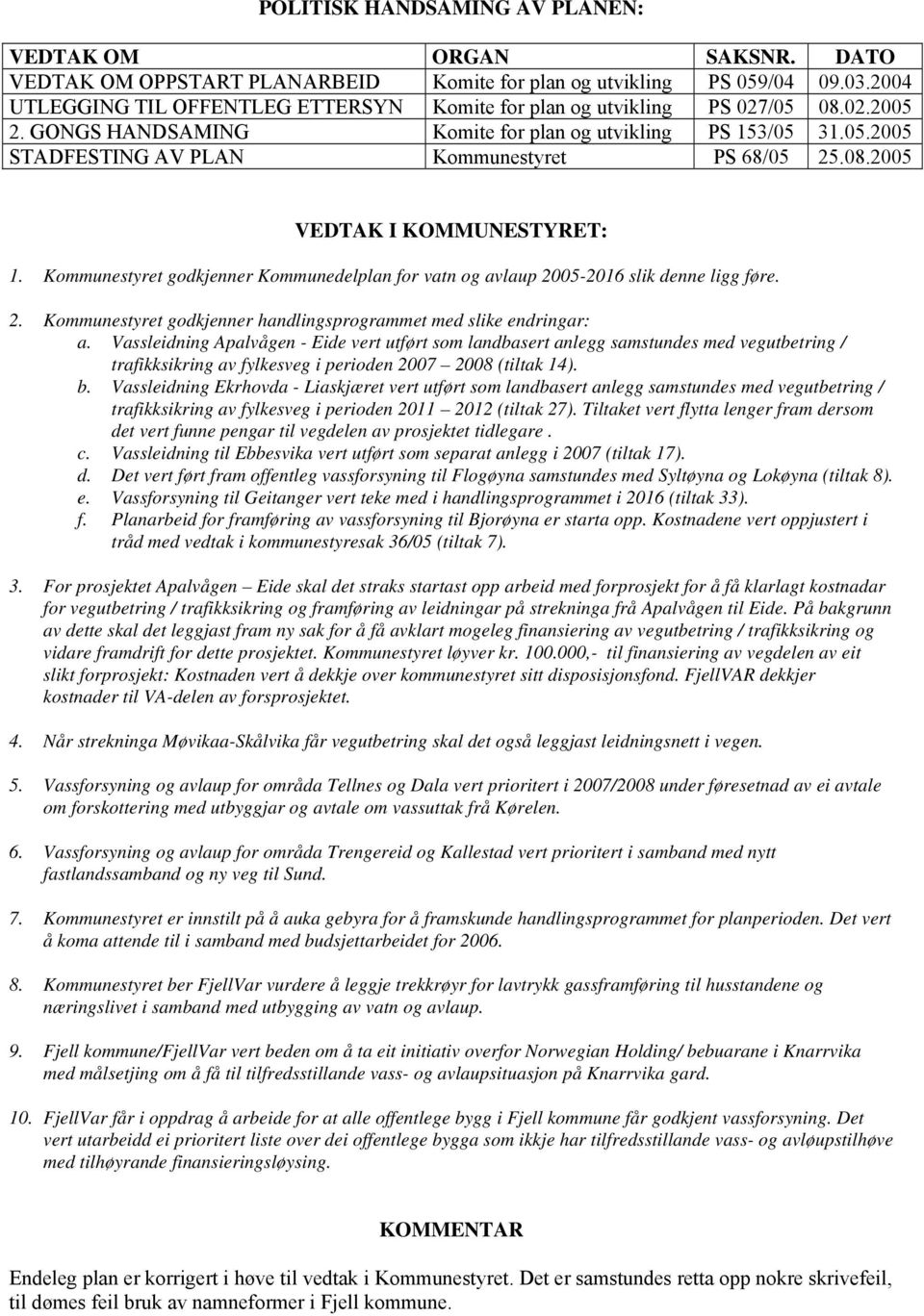 08.2005 VEDTAK I KOMMUNESTYRET: 1. Kommunestyret godkjenner Kommunedelplan for vatn og avlaup 2005-2016 slik denne ligg føre. 2. Kommunestyret godkjenner handlingsprogrammet med slike endringar: a.