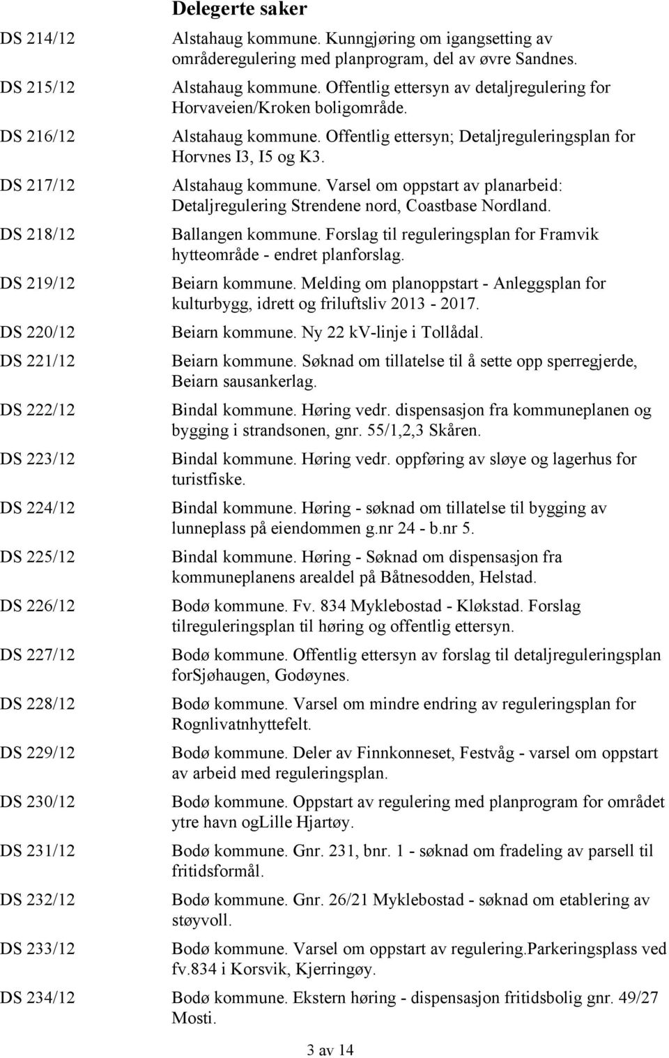 Alstahaug kommune. Offentlig ettersyn; Detaljreguleringsplan for Horvnes I3, I5 og K3. Alstahaug kommune. Varsel om oppstart av planarbeid: Detaljregulering Strendene nord, Coastbase Nordland.