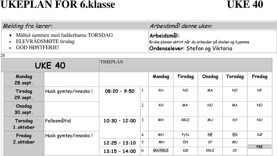 oktober UKE 40 TIMEPLAN Arbeidsmål denne uken: Arbeidsmål: Bruke planen aktivt når du arbeider på skolen og hjemme Ordenselever: Stefan og Viktoria