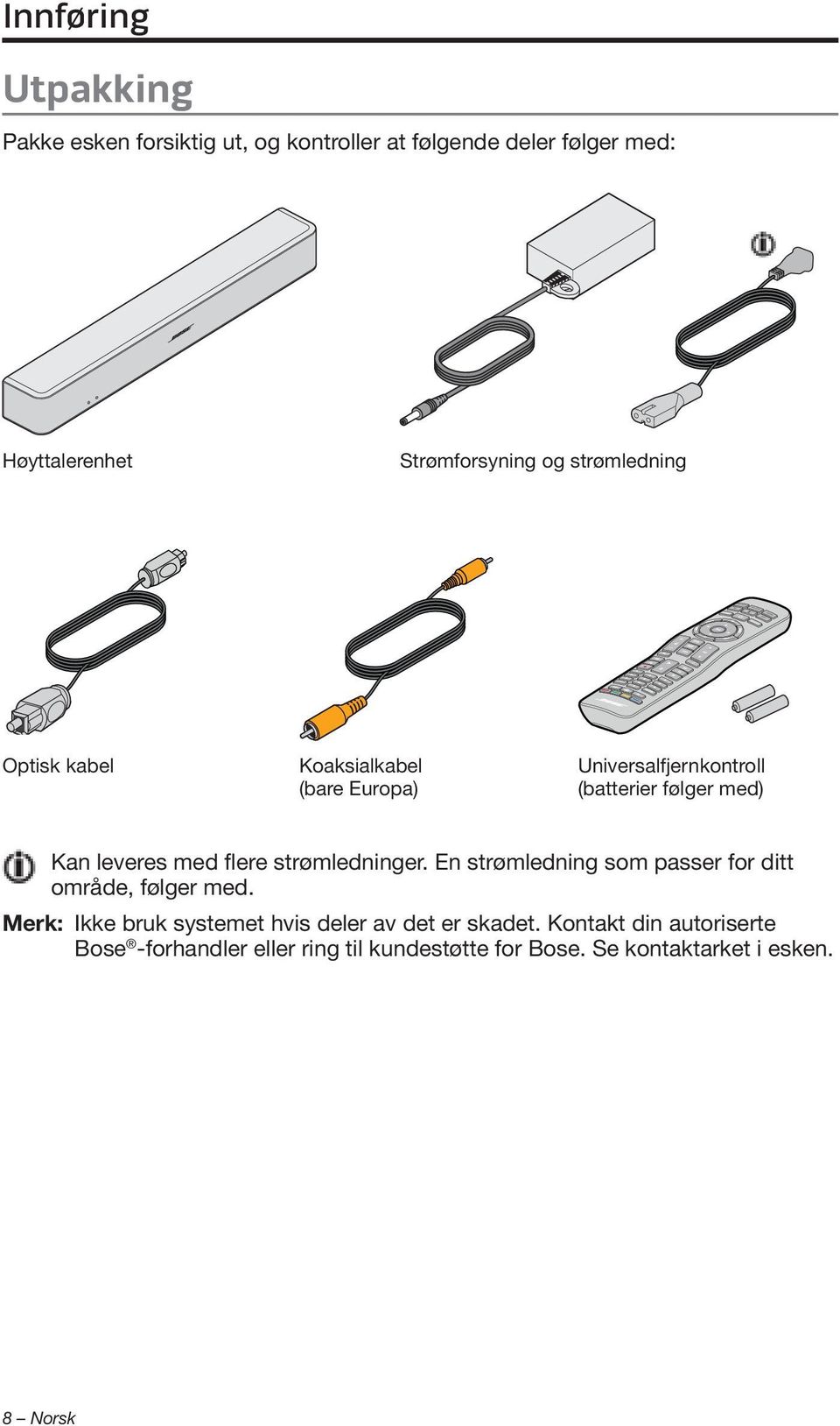 flere strømledninger. En strømledning som passer for ditt område, følger med.