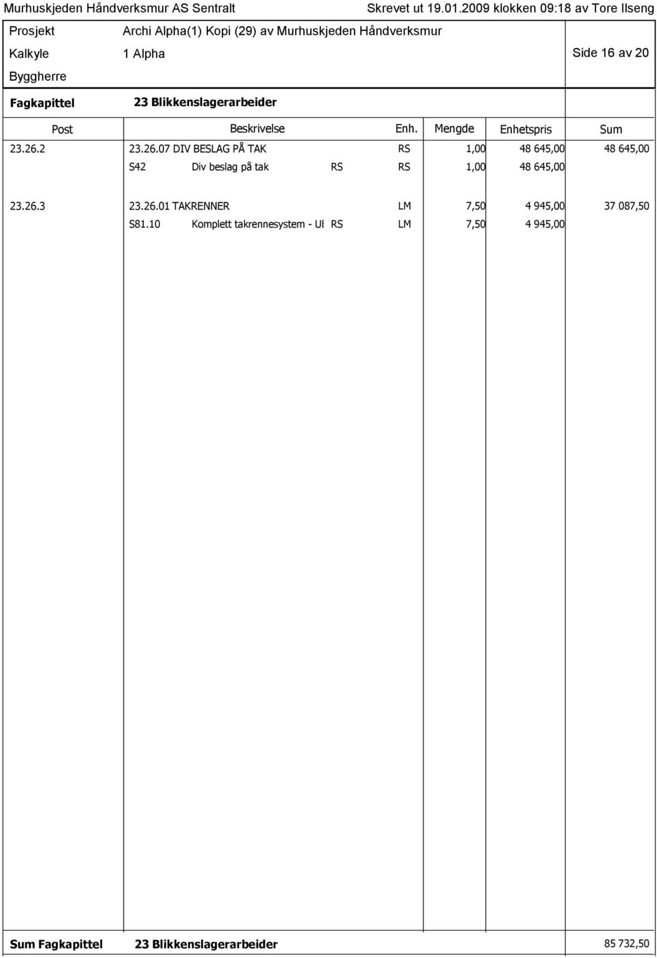 07 DIV BESLAG PÅ TAK RS 1,00 48 645,00 48 645,00 S42 Div beslag på tak RS