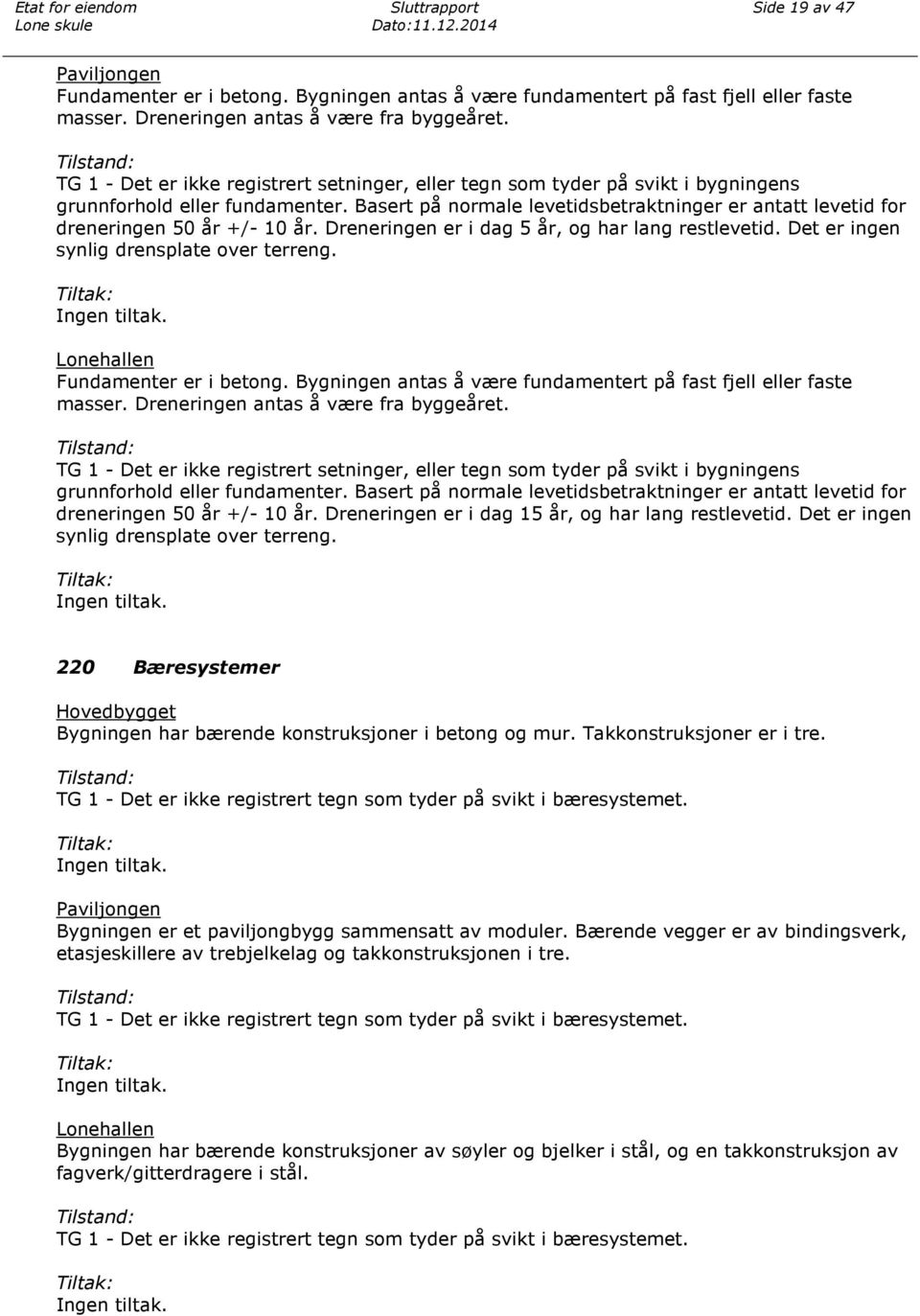 Basert på normale levetidsbetraktninger er antatt levetid for dreneringen 50 år +/- 10 år. Dreneringen er i dag 5 år, og har lang restlevetid. Det er ingen synlig drensplate over terreng.