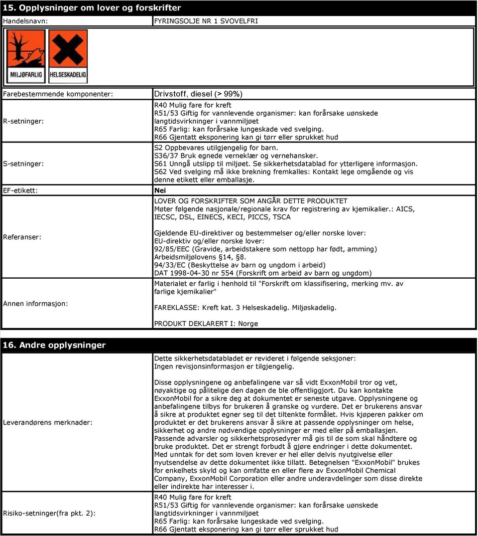 R66 Gjentatt eksponering kan gi tørr eller sprukket hud S2 Oppbevares utilgjengelig for barn. S36/37 Bruk egnede verneklær og vernehansker. S61 Unngå utslipp til miljøet.