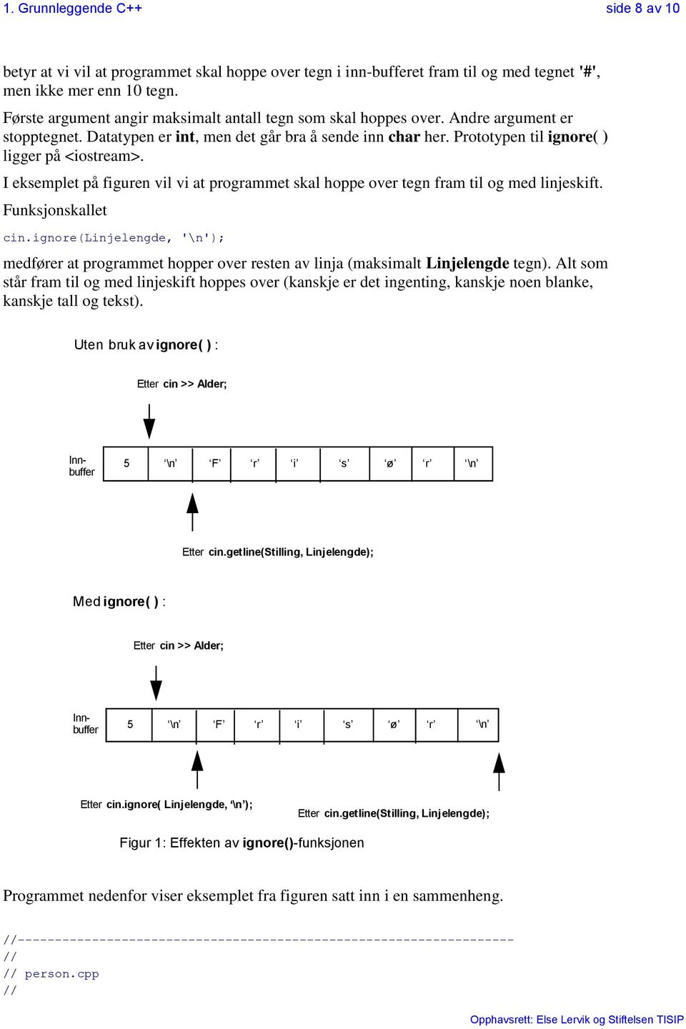 I eksemplet på figuren vil vi at programmet skal hoppe over tegn fram til og med linjeskift. Funksjonskallet cin.