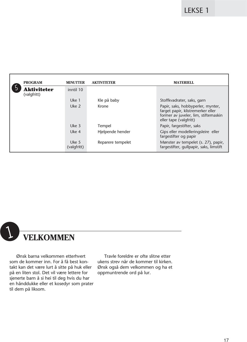 Uke 5 Reparere tempelet Mønster av tempelet (s. 27), papir, (valgfritt) fargestifter, gullpapir, saks, limstift 1 VELKOMMEN Ønsk barna velkommen etterhvert som de kommer inn.