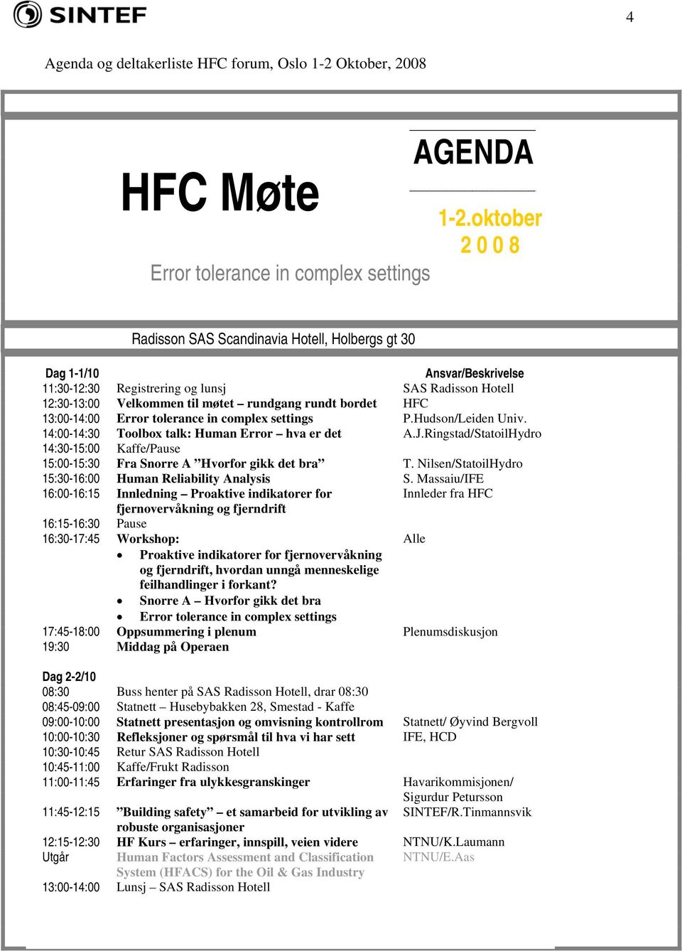 bordet HFC 13:00-14:00 Error tolerance in complex settings P.Hudson/Leiden Univ. 14:00-14:30 Toolbox talk: Human Error hva er det A.J.