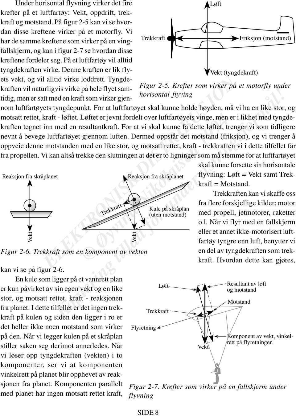 Denne kraften er lik flyets vekt, og vil alltid virke loddrett. Tyngdekraften vil naturligvis virke på hele flyet samtidig, men er satt med en kraft som virker gjennom luftfartøyets tyngdepunkt.