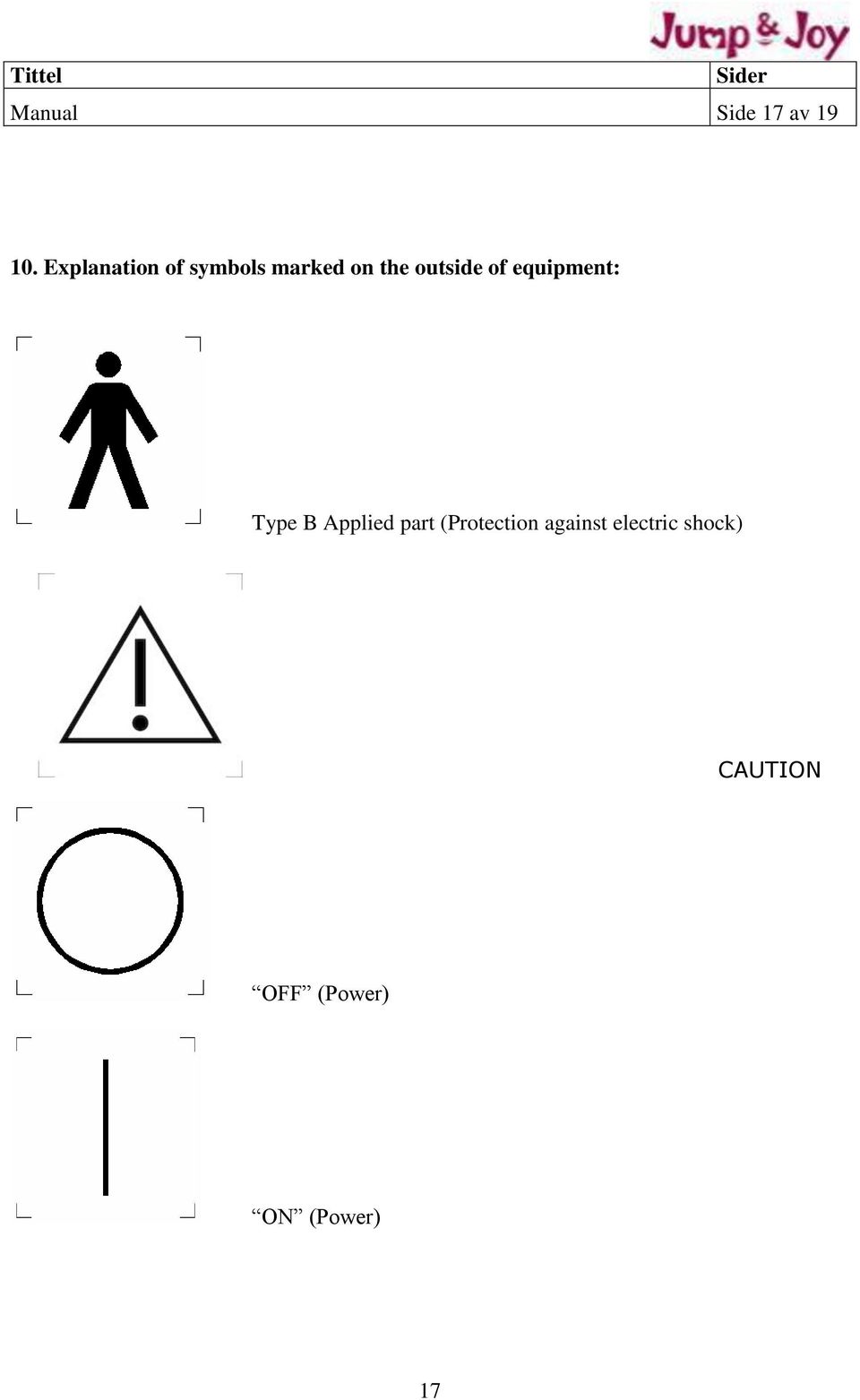 outside of equipment: Type B Applied part