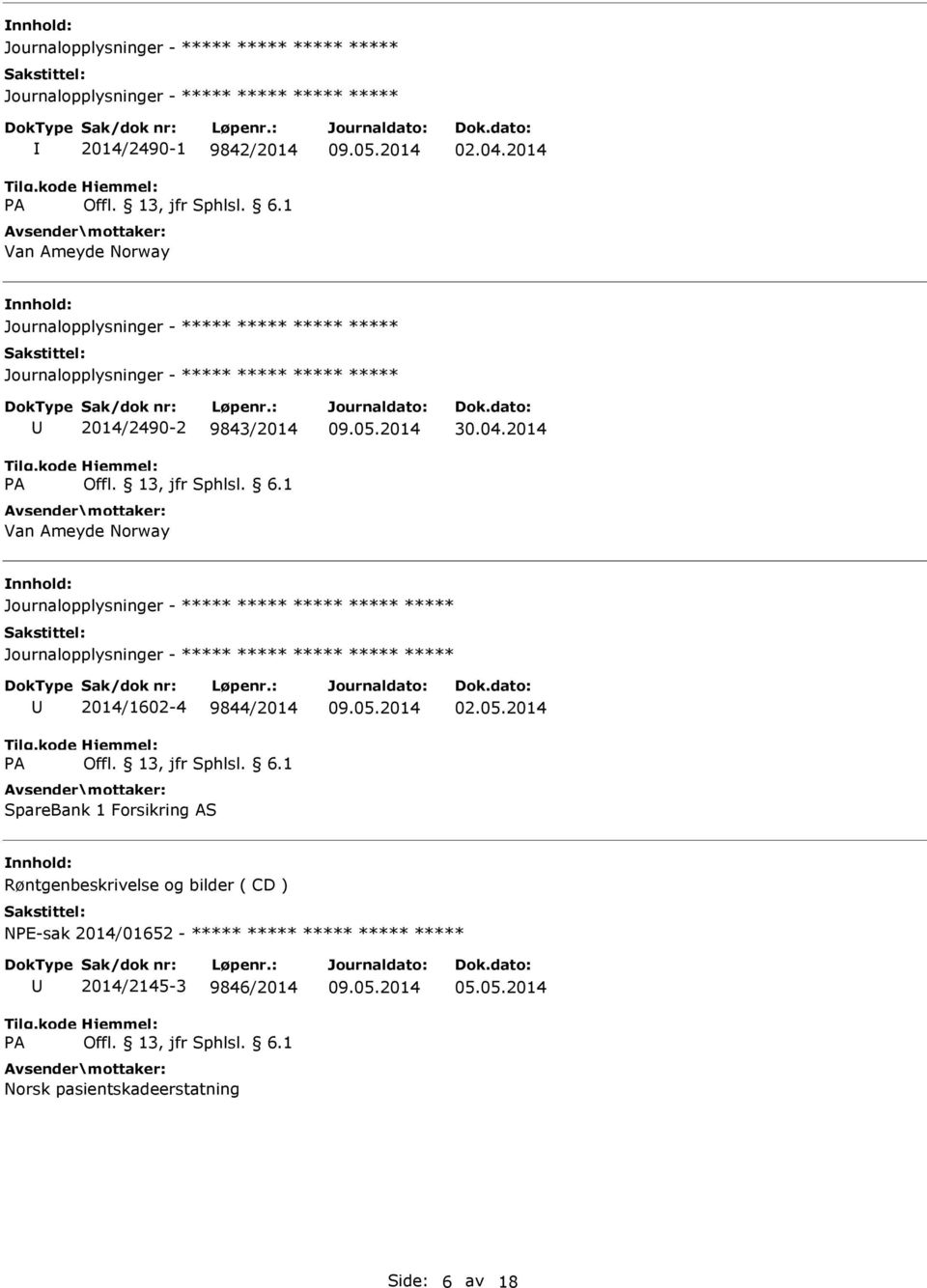 2014 Journalopplysninger - Journalopplysninger - 2014/1602-4 9844/2014 SpareBank 1 Forsikring AS 02.05.