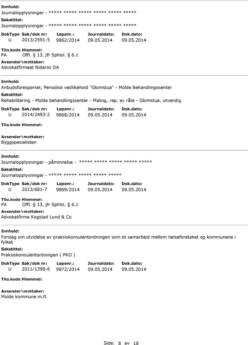 Journalopplysninger - 2013/681-7 9869/2014 Advokatfirma Kogstad Lund & Co Forslag om utvidelse av praksiskonsulentordningen som