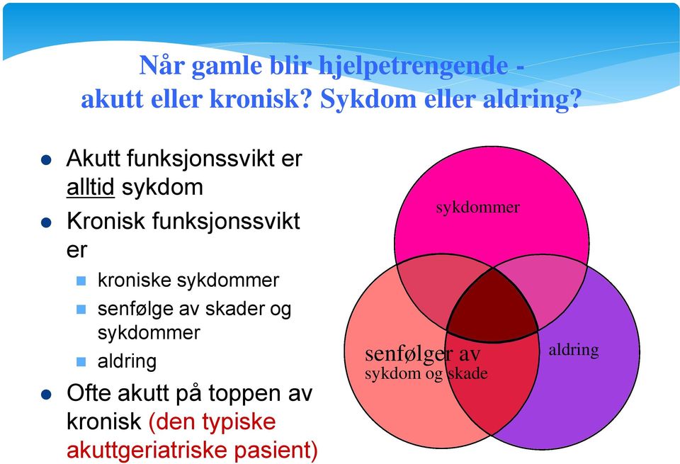 sykdommer senfølge av skader og sykdommer aldring Ofte akutt på toppen av