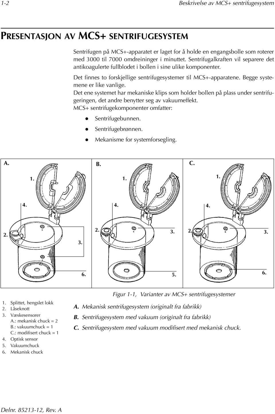 Det ene systemet har mekaniske klips som holder bollen på plass under sentrifugeringen, det andre benytter seg av vakuumeffekt. MCS+ sentrifugekomponenter omfatter: Sentrifugebunnen.