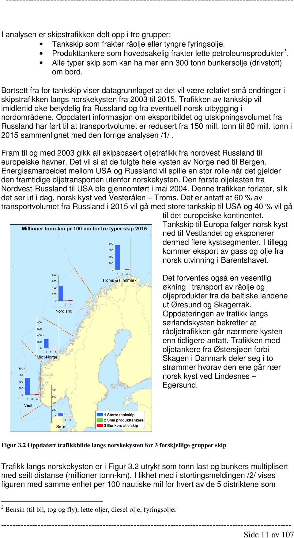 Bortsett fra for tankskip viser datagrunnlaget at det vil være relativt små endringer i skipstrafikken langs norskekysten fra 2003 til 2015.