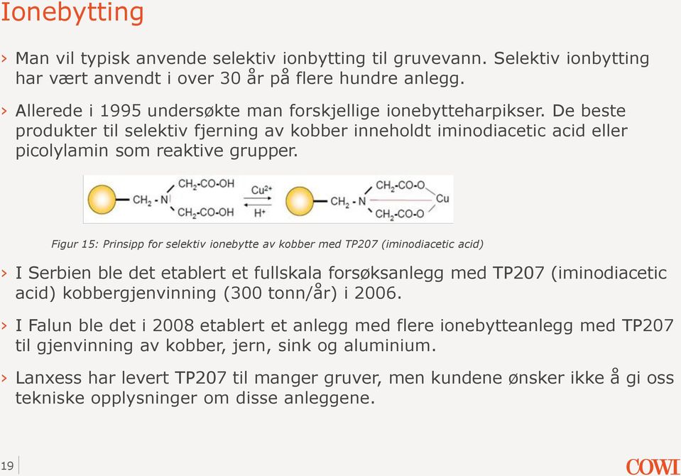 Figur 15: Prinsipp for selektiv ionebytte av kobber med TP207 (iminodiacetic acid) I Serbien ble det etablert et fullskala forsøksanlegg med TP207 (iminodiacetic acid) kobbergjenvinning (300