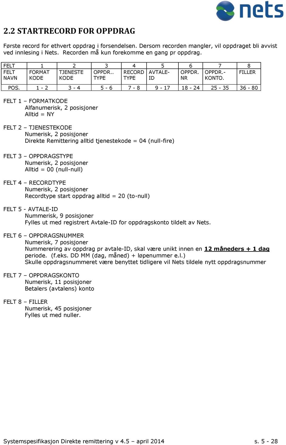 1-2 3-4 5-6 7-8 9-17 18-24 25-35 36-80 Direkte Remittering alltid tjenestekode = 04 (null-fire) FELT 3 OPPDRAGSTYPE Alltid = 00 (null-null) Recordtype start oppdrag alltid = 20 (to-null) FELT 5 -