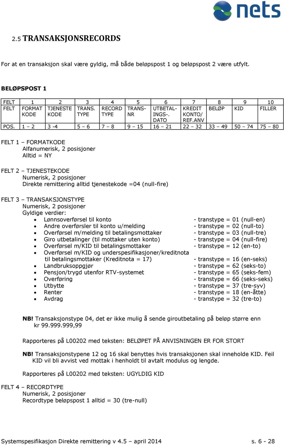 1 2 3-4 5 6 7 8 9 15 16 21 22 32 33 49 50 74 75 80 Direkte remittering alltid tjenestekode =04 (null-fire) FELT 3 TRANSAKSJONSTYPE Gyldige verdier: Lønnsoverførsel til konto - transtype = 01