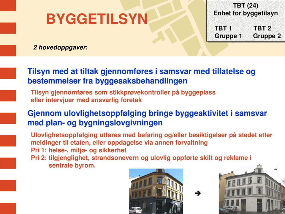 ulovlighetsoppfølging bringe byggeaktivitet i samsvar med plan- og bygningslovgivningen Ulovlighetsoppfølging utføres med befaring og/eller besiktigelser på stedet