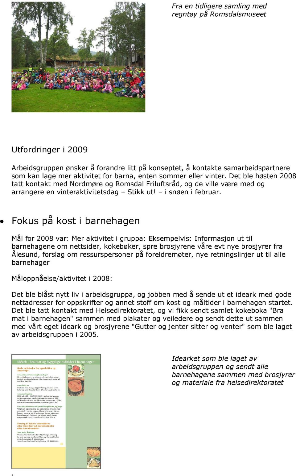 Fokus på kost i barnehagen Mål for 2008 var: Mer aktivitet i gruppa: Eksempelvis: Informasjon ut til barnehagene om nettsider, kokebøker, spre brosjyrene våre evt nye brosjyrer fra Ålesund, forslag