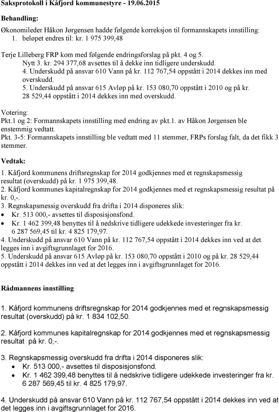 Underskudd på ansvar 615 Avløp på kr. 153 080,70 oppstått i 2010 og på kr. 28 529,44 oppstått i 2014 dekkes inn med overskudd. Pkt.1 og 2: Formannskapets innstilling med endring av pkt.1. av Håkon Jørgensen ble enstemmig vedtatt.