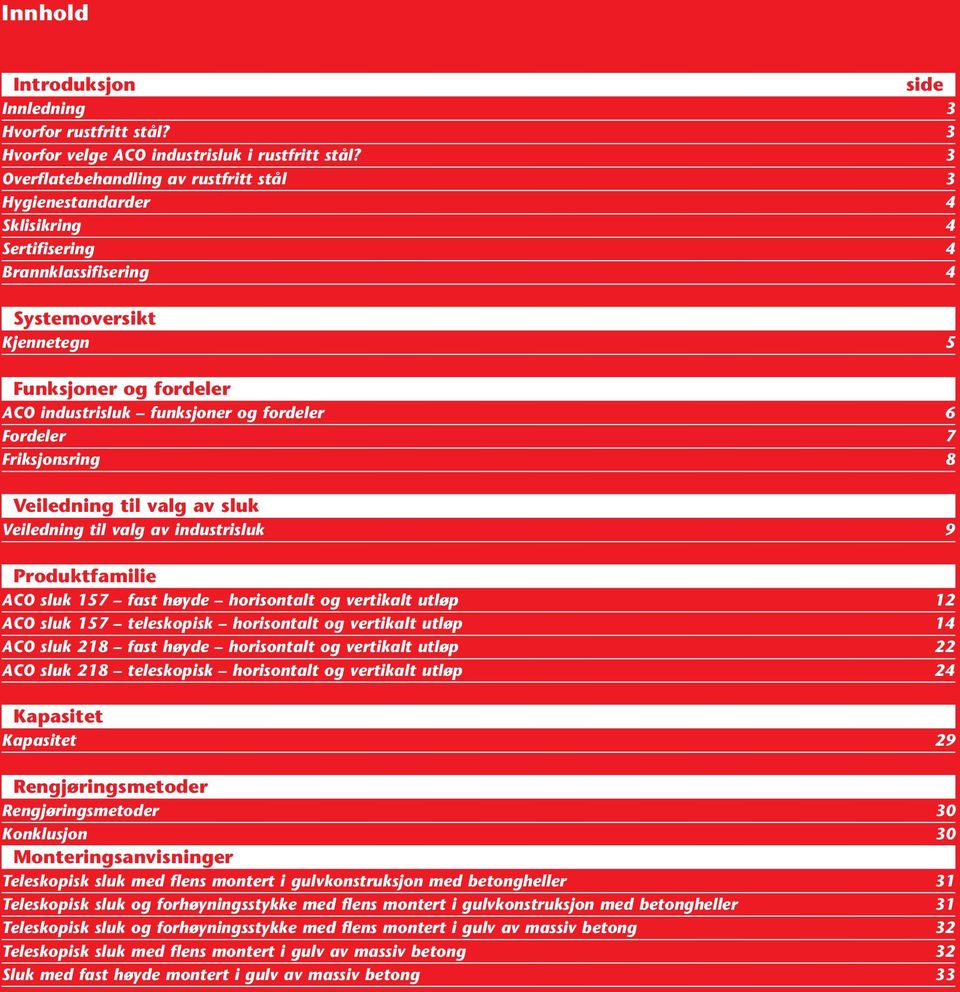 fordeler 6 Fordeler 7 Friksjonsring 8 Veiledning til valg av sluk Veiledning til valg av industrisluk 9 Produktfamilie ACO sluk 157 fast høyde horisontalt og vertikalt utløp 12 ACO sluk 157