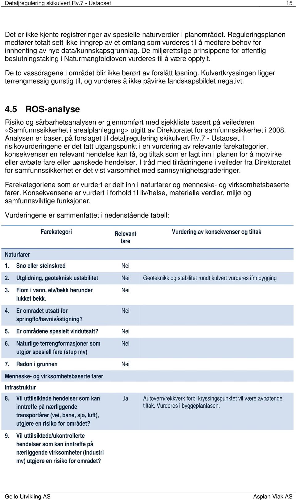 De miljørettslige prinsippene for offentlig beslutningstaking i Naturmangfoldloven vurderes til å være oppfylt. De to vassdragene i området blir ikke berørt av forslått løsning.