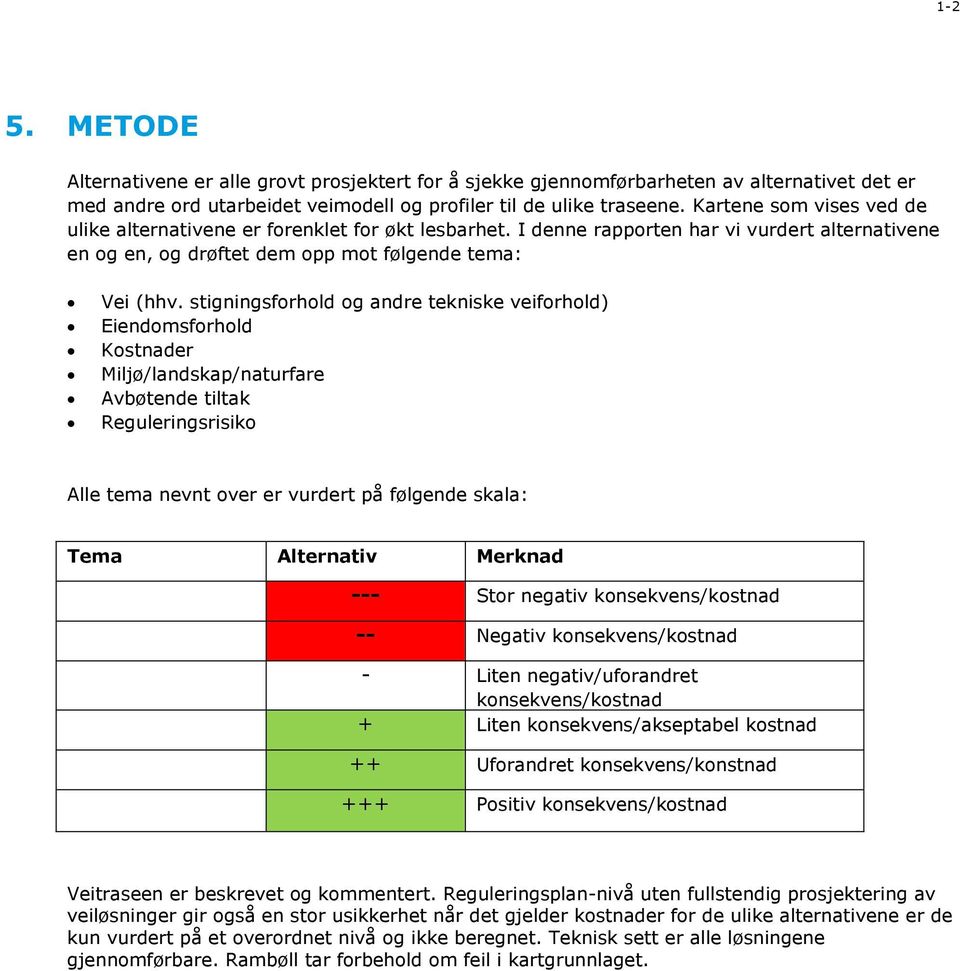 stigningsforhold og andre tekniske veiforhold) Eiendomsforhold Kostnader Miljø/landskap/naturfare Avbøtende tiltak Reguleringsrisiko Alle tema nevnt over er vurdert på følgende skala: Tema Alternativ