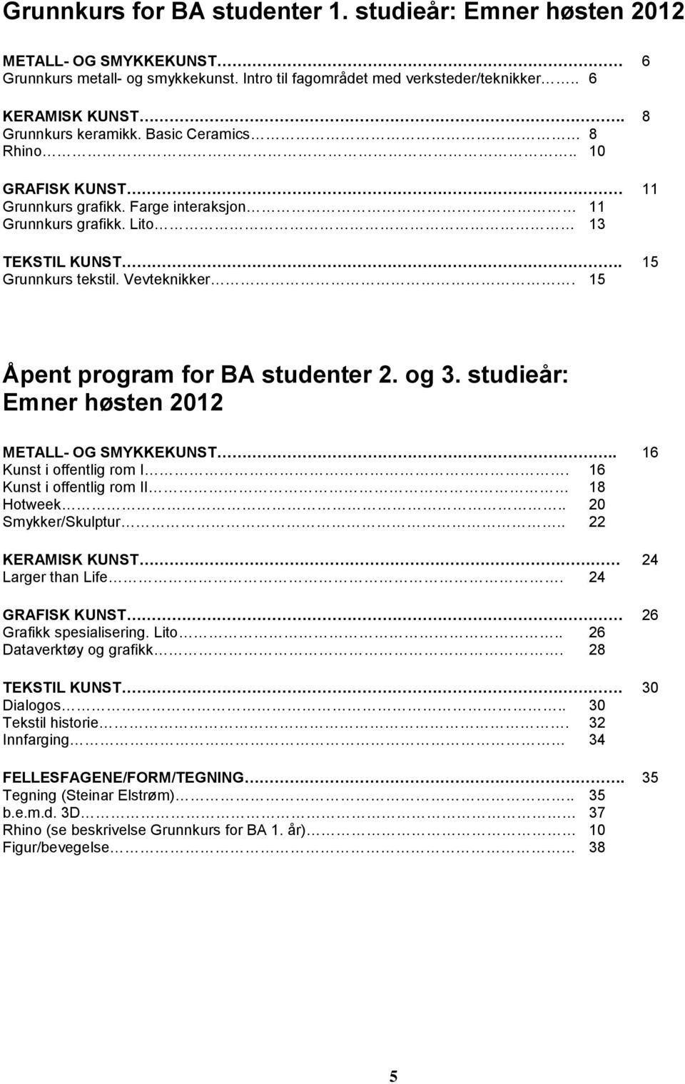 15 Åpent program for BA studenter 2. og 3. studieår: Emner høsten 2012 METALL- OG SMYKKEKUNST.. 16 Kunst i offentlig rom I. 16 Kunst i offentlig rom II 18 Hotweek.. 20 Smykker/Skulptur.