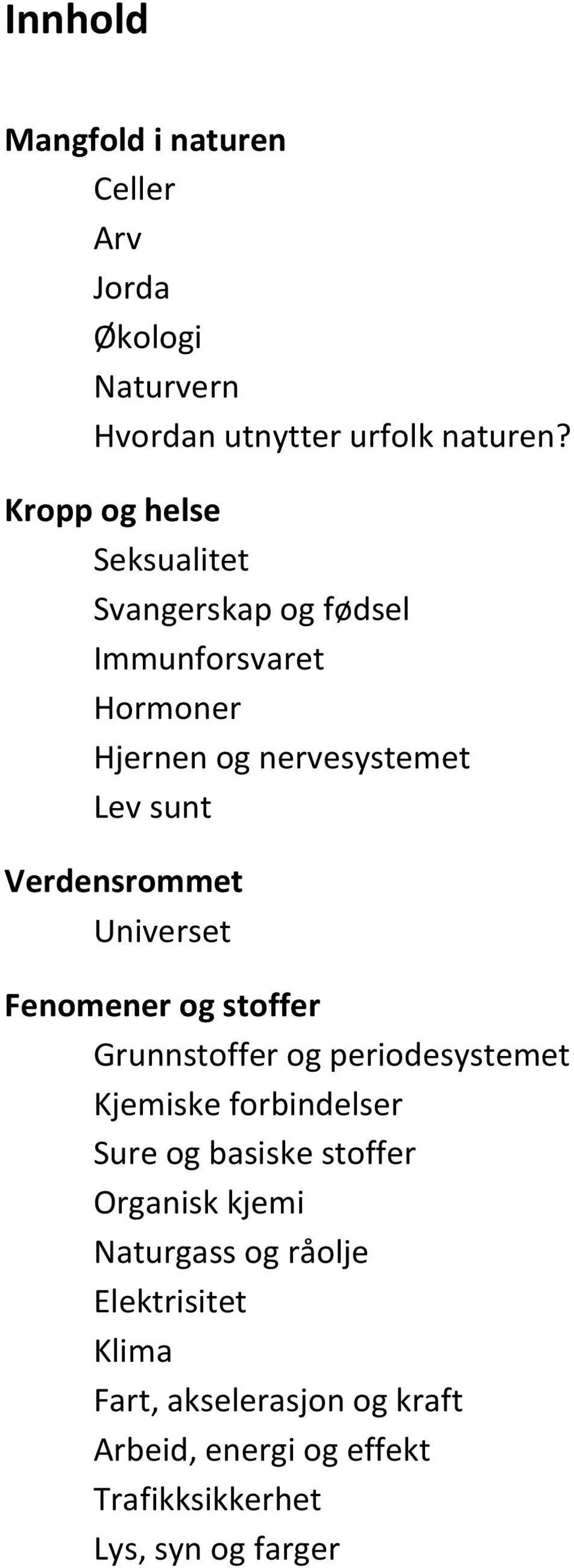 Verdensrommet Universet Fenomener og stoffer Grunnstoffer og periodesystemet Kjemiske forbindelser Sure og basiske