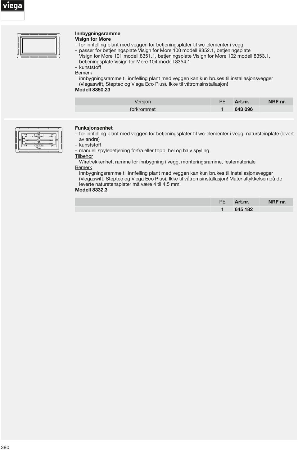 innbygningsramme til innfelling plant med veggen kan kun brukes til installasjonsvegger (Viegaswift, Steptec og V iega Eco Plus). Ikke til våtromsinstallasjon! Modell 8350.