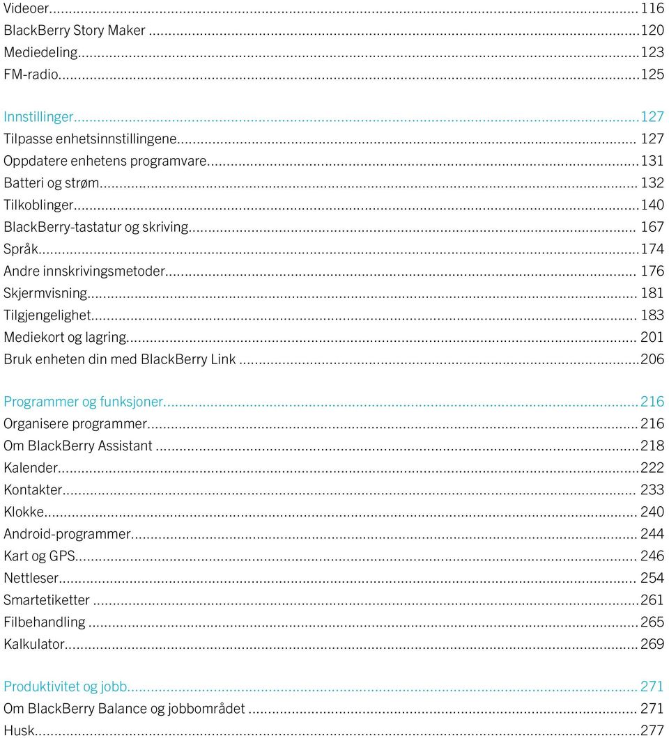 .. 201 Bruk enheten din med BlackBerry Link...206 Programmer og funksjoner...216 Organisere programmer... 216 Om BlackBerry Assistant...218 Kalender...222 Kontakter... 233 Klokke.