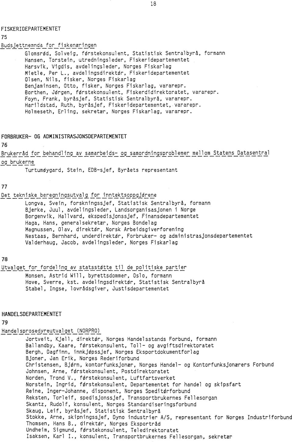 Borthen, JOrgen, forstekonsulent, Fiskerdidirektoratet, vararepr. Foyn, Frank, byråsjef, Statistisk Sentralbyrå, vararepr. Harildstad, Ruth, byråsjef, Fiskeridepartementet, vararepr.