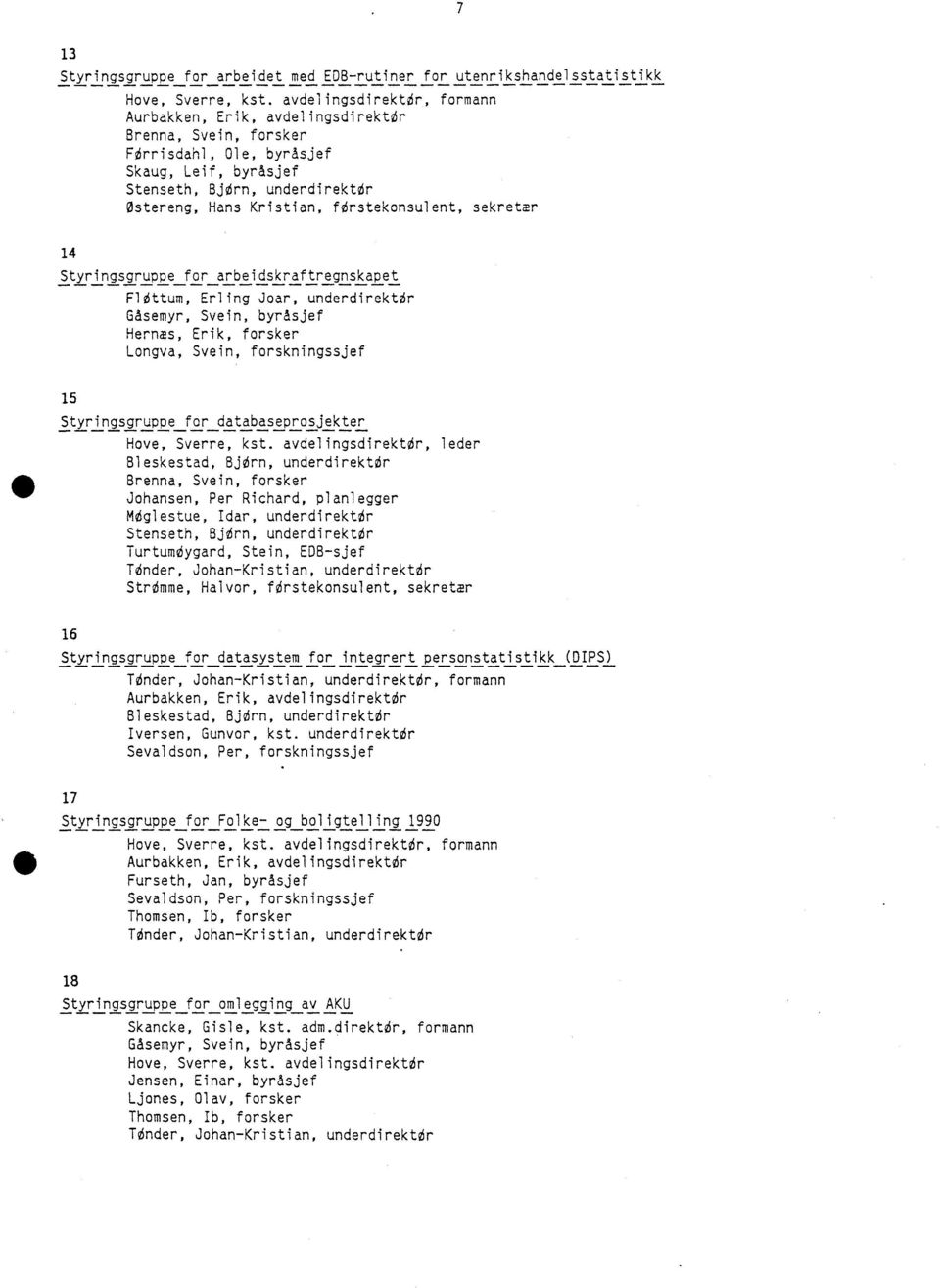firstekonsulent, sekretær 14 Styringsgruppe for arbeidskraftregnskapet Flittum, Erling Joar, underdirektir Gåsemyr, Svein, byråsjef Hernæs, Erik, forsker Longva, Svein, forskningssjef 15