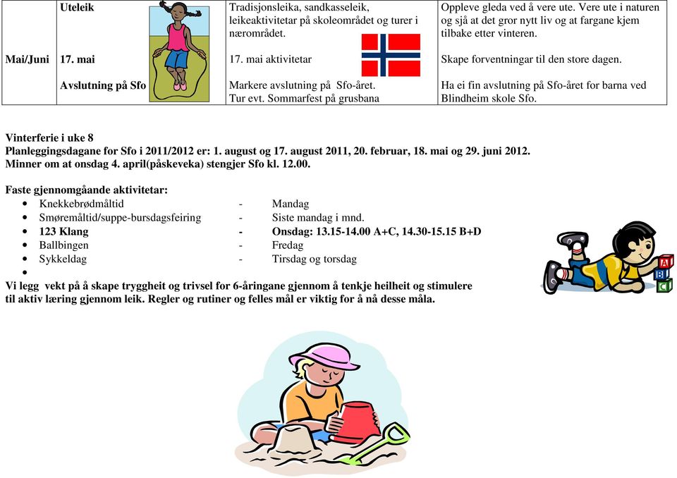 Avslutning på Sfo Markere avslutning på Sfo-året. Tur evt. Sommarfest på grusbana Ha ei fin avslutning på Sfo-året for barna ved Blindheim skole Sfo.