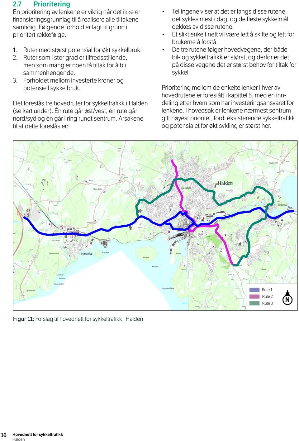 Forholdet mellom investerte kroner og potensiell sykkelbruk. det foreslås tre hovedruter for sykkeltrafikk i (se kart under). Én rute går øst/vest, én rute går nord/syd og én går i ring rundt sentrum.