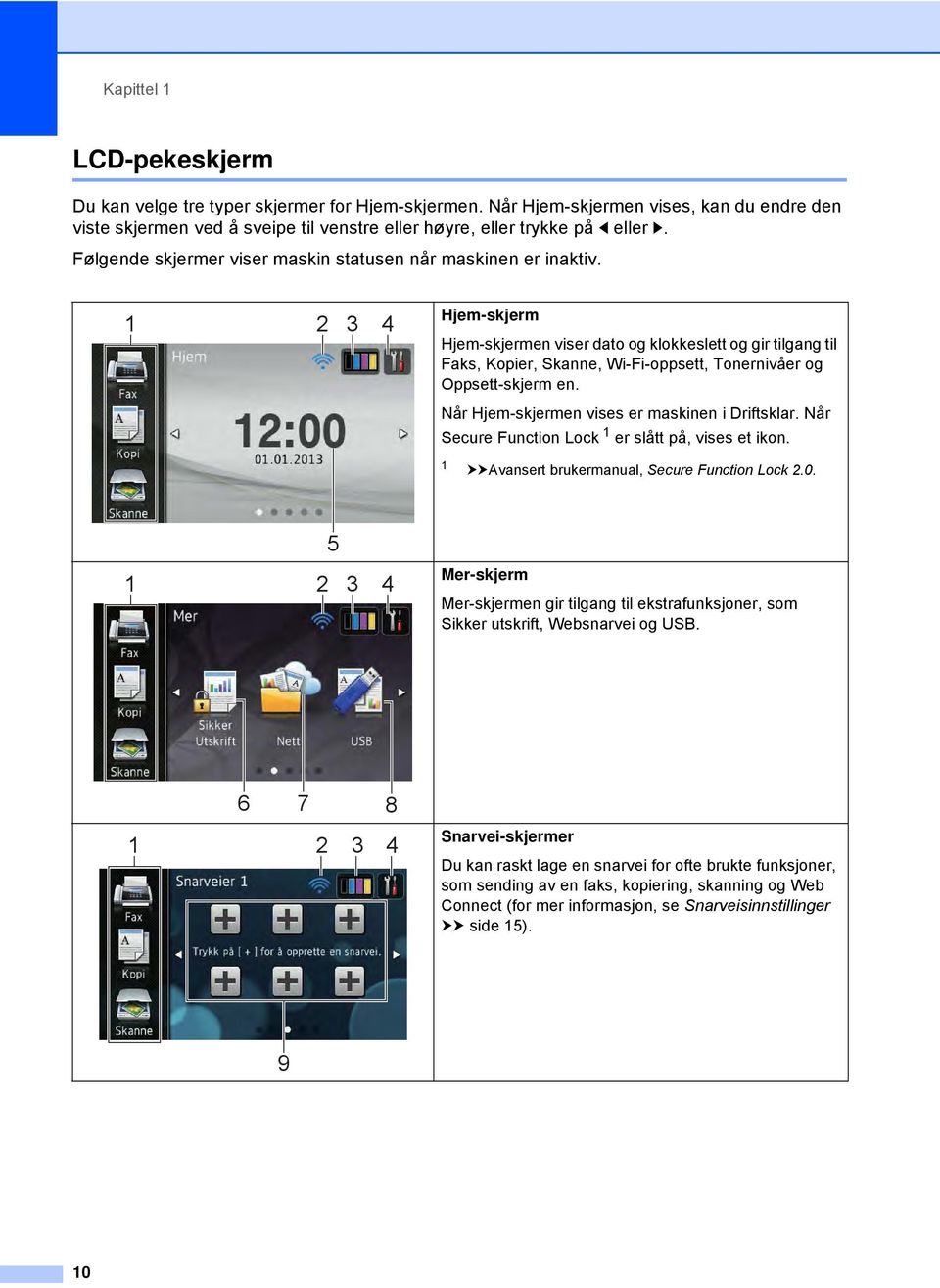 1 2 3 4 Hjem-skjerm Hjem-skjermen viser dato og klokkeslett og gir tilgang til Faks, Kopier, Skanne, Wi-Fi-oppsett, Tonernivåer og Oppsett-skjerm en. Når Hjem-skjermen vises er maskinen i Driftsklar.