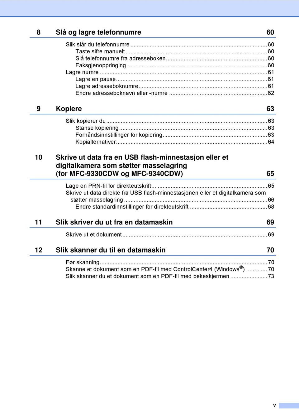 ..64 10 Skrive ut data fra en USB flash-minnestasjon eller et digitalkamera som støtter masselagring (for MFC-9330CDW og MFC-9340CDW) 65 Lage en PRN-fil for direkteutskrift.