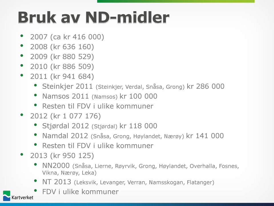 kr 118 000 Namdal 2012 (Snåsa, Grong, Høylandet, Nærøy) kr 141 000 Resten til FDV i ulike kommuner 2013 (kr 950 125) NN2000 (Snåsa, Lierne,