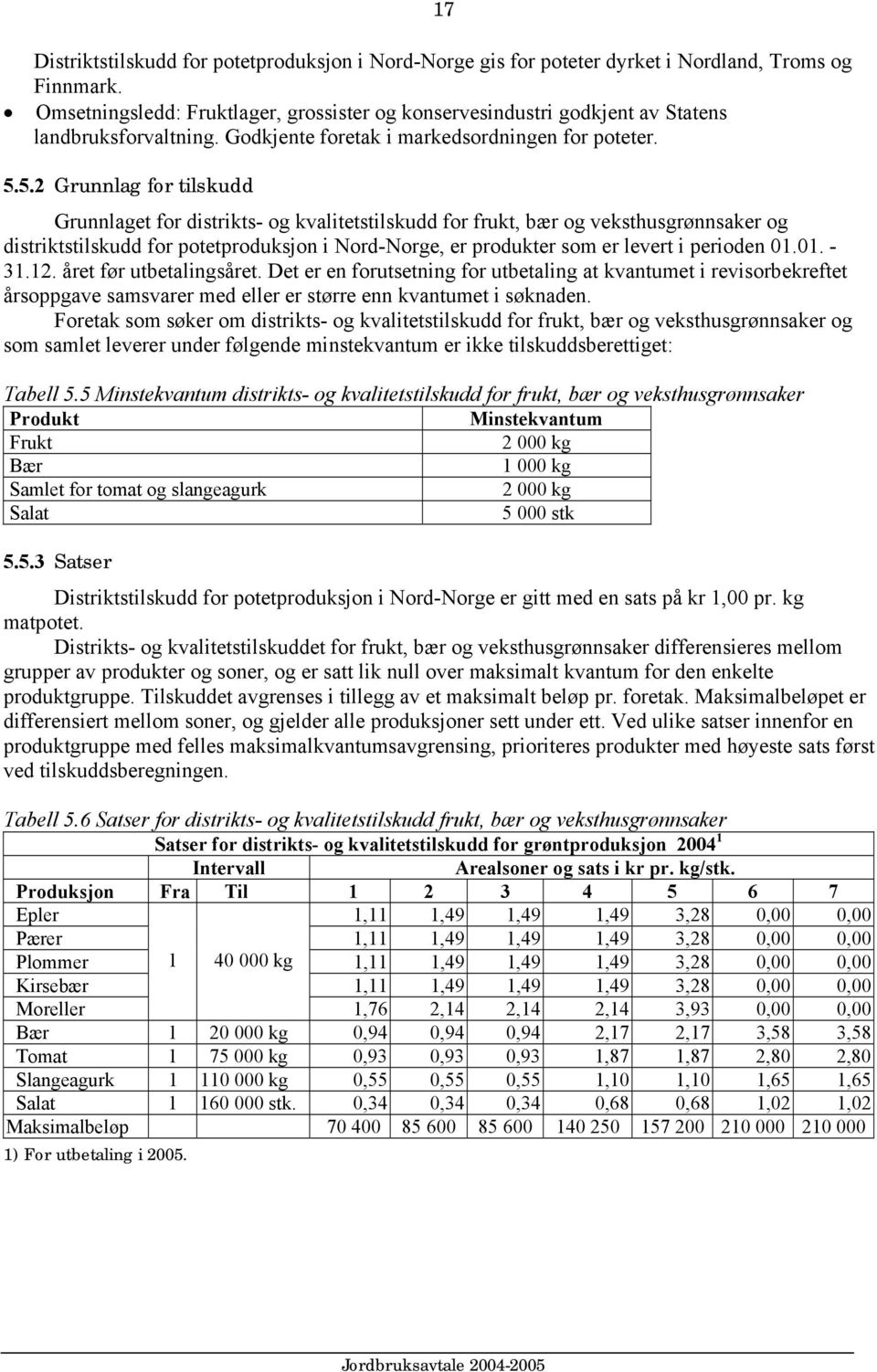 5.2 Grunnlag for tilskudd Grunnlaget for distrikts- og kvalitetstilskudd for frukt, bær og veksthusgrønnsaker og distriktstilskudd for potetproduksjon i Nord-Norge, er produkter som er levert i
