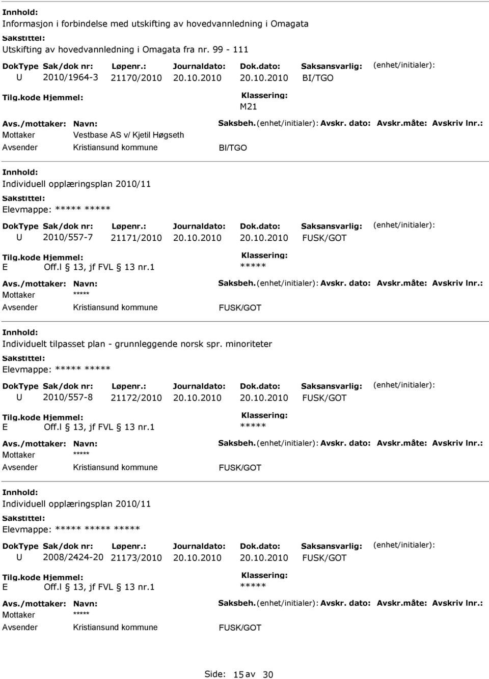 minoriteter levmappe: 2010/557-8 21172/2010 FSK/GOT Avs./mottaker: Navn: Saksbeh. Avskr. dato: Avskr.måte: Avskriv lnr.