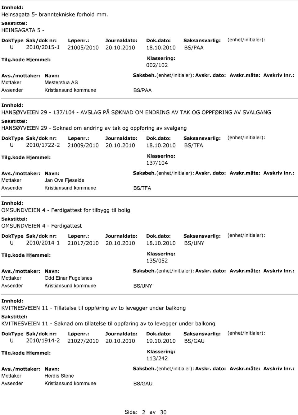 /mottaker: Navn: Saksbeh. Avskr. dato: Avskr.måte: Avskriv lnr.: Jan Ove Fjøseide BS/TFA OMSNDVN 4 - Ferdigattest for tilbygg til bolig OMSNDVN 4 - Ferdigattest 2010/2014-1 21017/2010 18.10.2010 BS/NY 135/052 Avs.