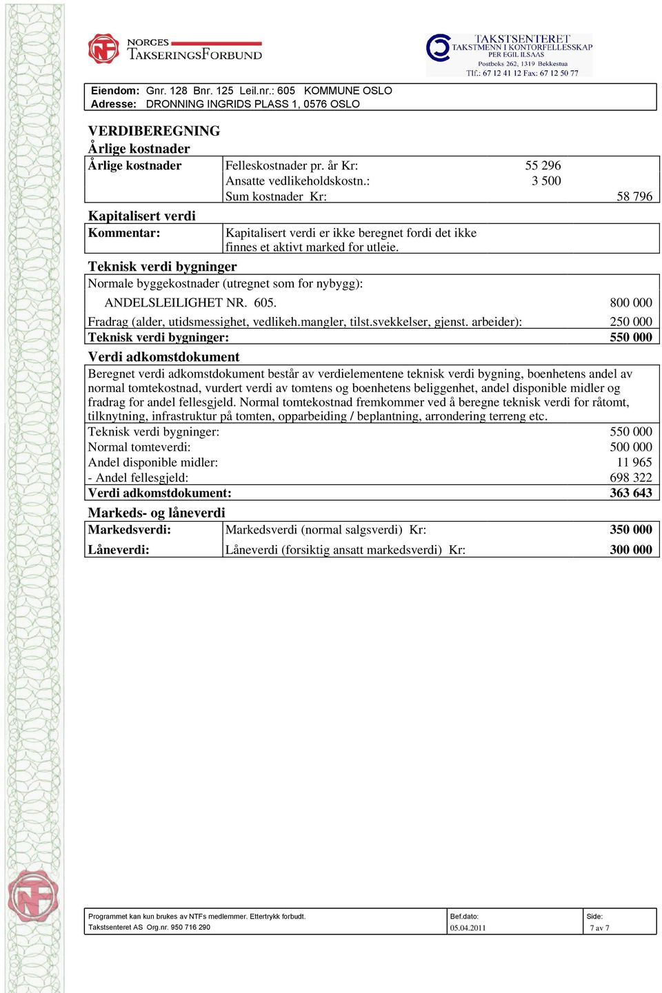 Teknisk verdi bygninger Normale byggekostnader (utregnet som for nybygg): ANDELSLEILIGHET NR. 605. 800 000 Fradrag (alder, utidsmessighet, vedlikeh.mangler, tilst.svekkelser, gjenst.