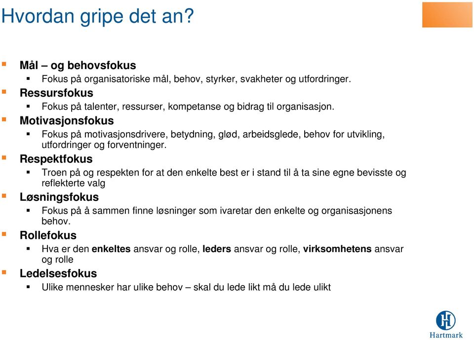 Motivasjonsfokus Fokus på motivasjonsdrivere, betydning, glød, arbeidsglede, behov for utvikling, utfordringer og forventninger.