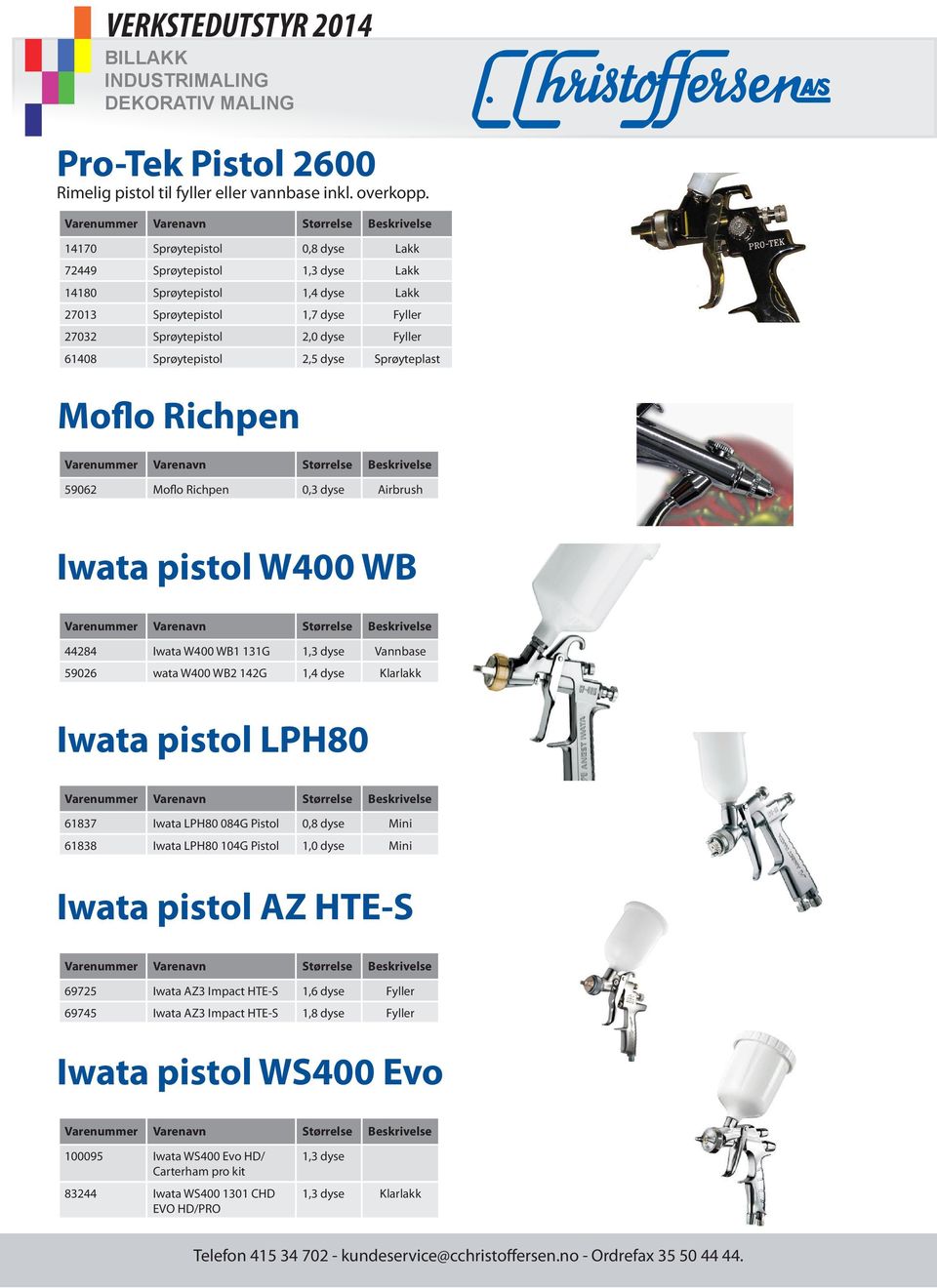 Sprøytepistol 2,5 dyse Sprøyteplast Moflo Richpen Beskrivelse 59062 Moflo Richpen 0,3 dyse Airbrush Iwata pistol W400 WB Beskrivelse 44284 Iwata W400 WB1 131G 1,3 dyse Vannbase 59026 wata W400 WB2