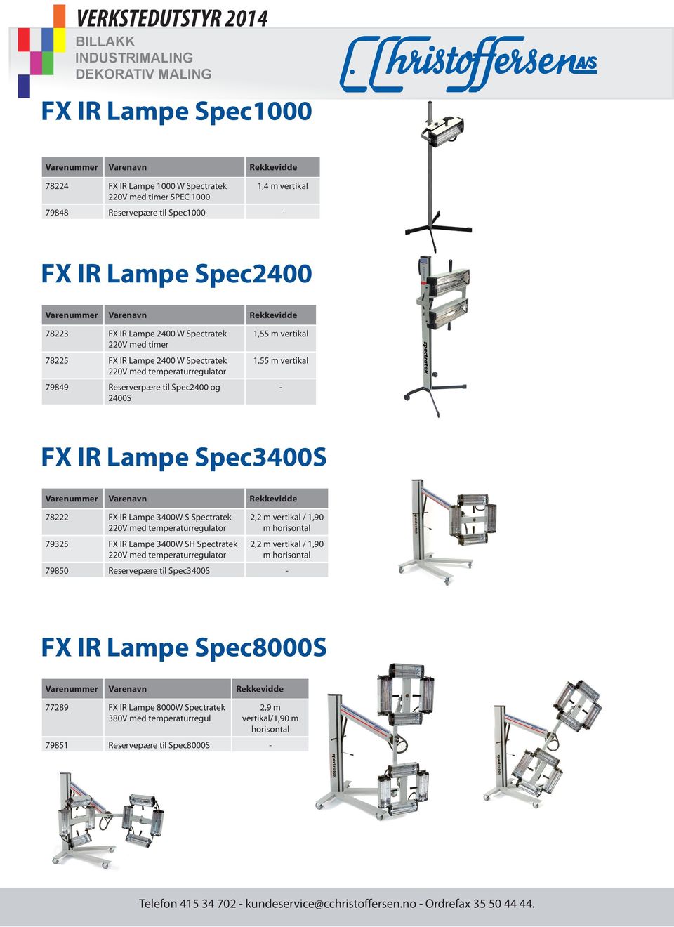 vertikal - FX IR Lampe Spec3400S Varenummer Varenavn Rekkevidde 78222 FX IR Lampe 3400W S Spectratek 220V med temperaturregulator 79325 FX IR Lampe 3400W SH Spectratek 220V med temperaturregulator