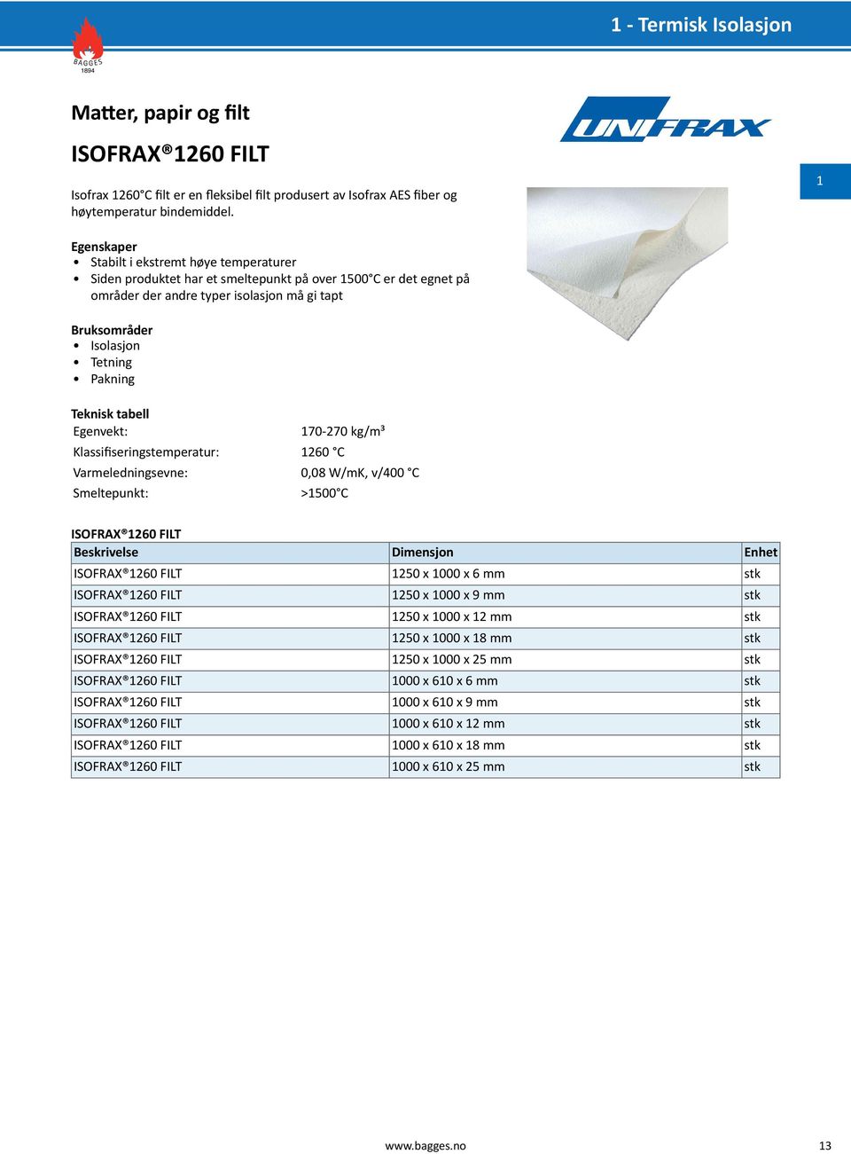 70-270 kg/m³ Klassifiseringstemperatur: 260 C Varmeledningsevne: 0,08 W/mK, v/400 C Smeltepunkt: >500 C ISOFRAX 260 FILT Beskrivelse Dimensjon Enhet ISOFRAX 260 FILT 250 x 000 x 6 mm stk ISOFRAX 260