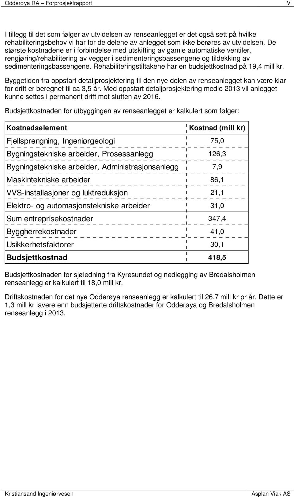 De største kostnadene er i forbindelse med utskifting av gamle automatiske ventiler, rengjøring/rehabilitering av vegger i sedimenteringsbassengene og tildekking av sedimenteringsbassengene.