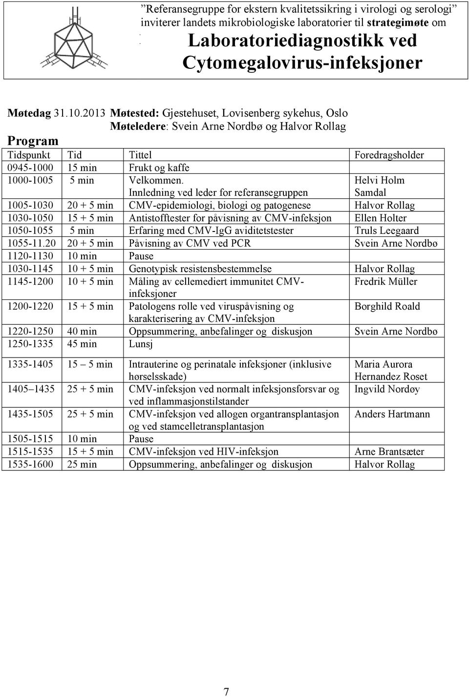 2013 Møtested: Gjestehuset, Lovisenberg sykehus, Oslo Møteledere: Svein Arne Nordbø og Halvor Rollag Program Tidspunkt Tid Tittel Foredragsholder 0945-1000 15 min Frukt og kaffe 1000-1005 5 min