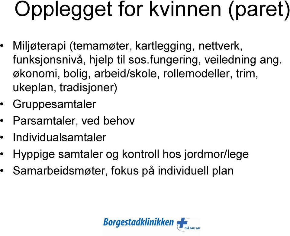 økonomi, bolig, arbeid/skole, rollemodeller, trim, ukeplan, tradisjoner) Gruppesamtaler