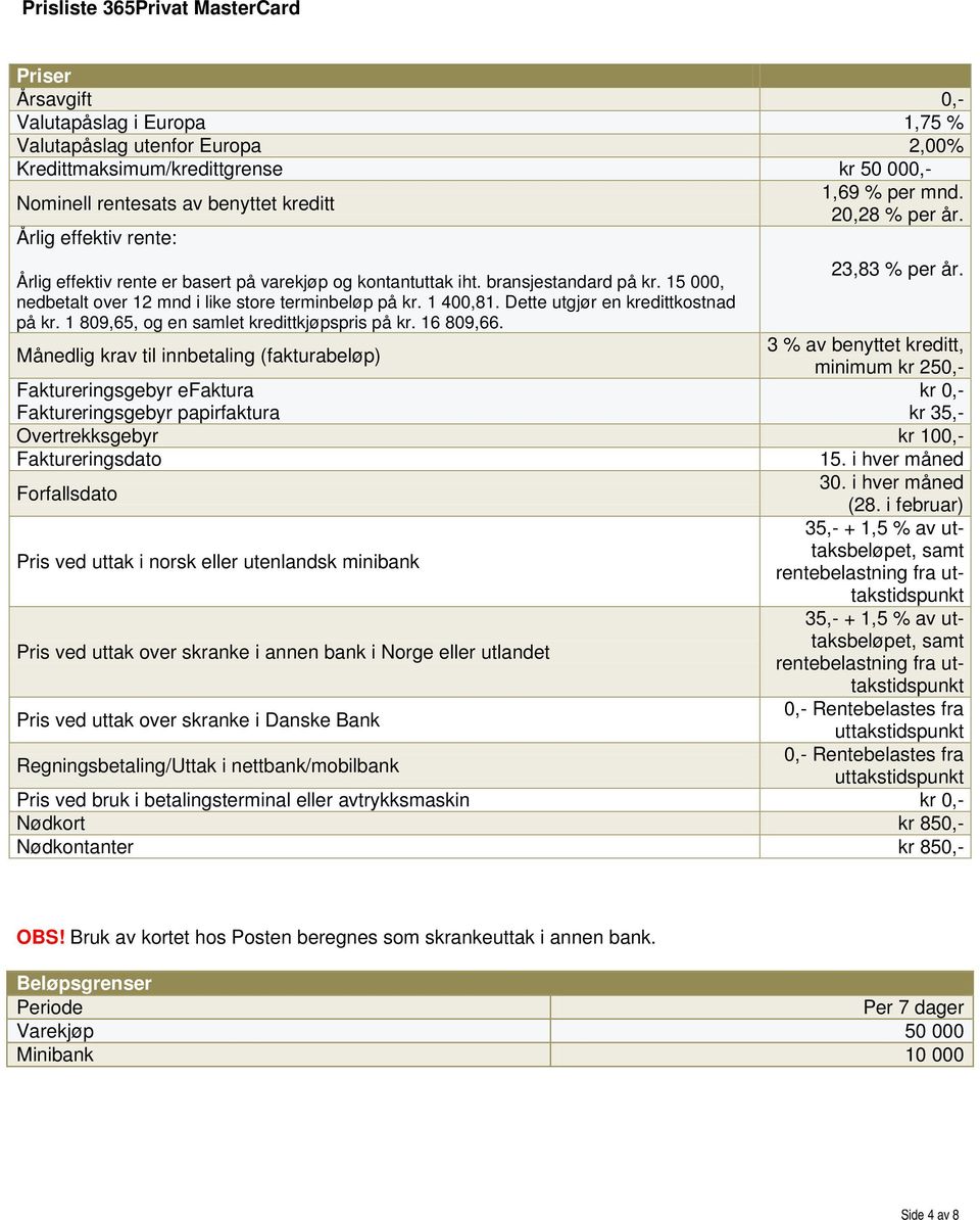 nedbetalt over 12 mnd i like store terminbeløp på kr. 1 400,81. Dette utgjør en kredittkostnad på kr. 1 809,65, og en samlet kredittkjøpspris på kr. 16 809,66.