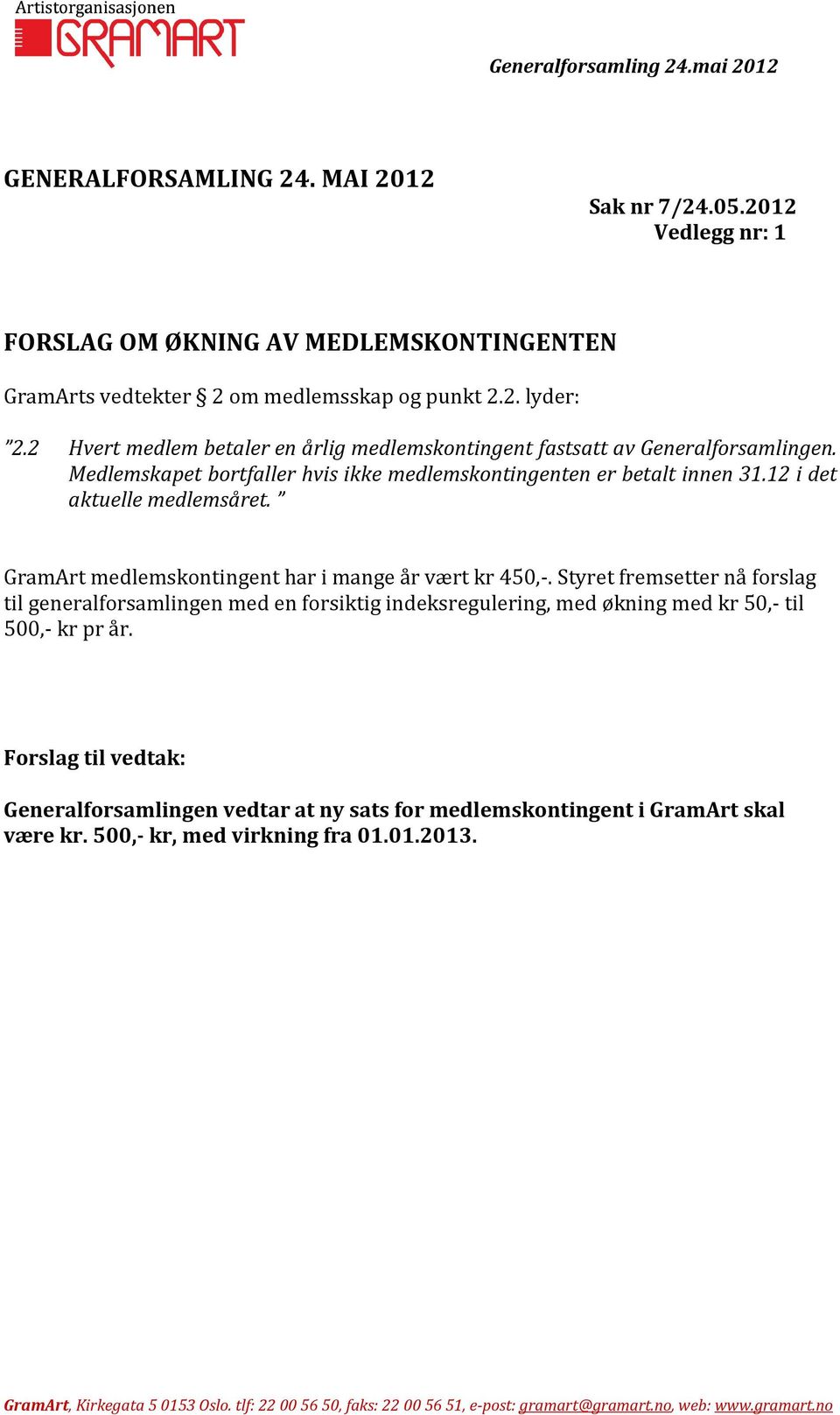 12 i det aktuelle medlemsåret. GramArt medlemskontingent har i mange år vært kr 450,-.